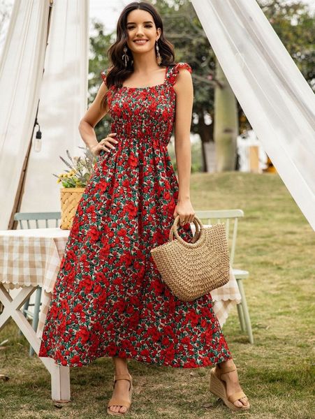 

floral print shirred a-line dress x1ej#, Black;gray