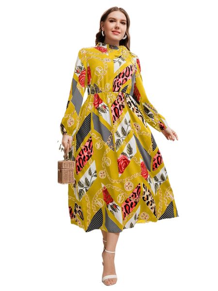 

plus floral & chain print lantern sleeve tie neck dress z5ww#, Black