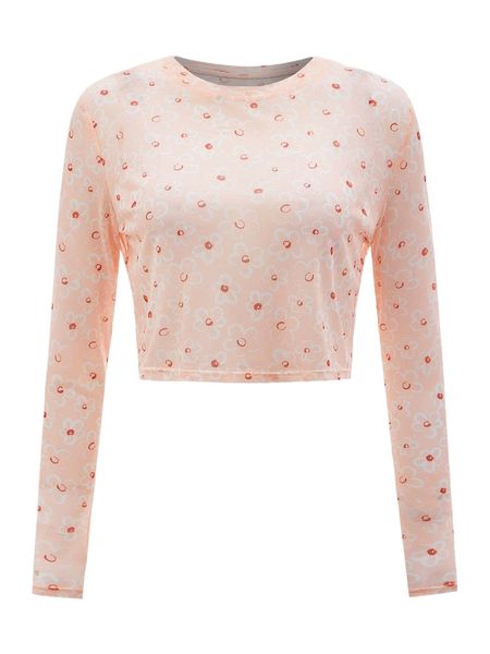 

floral print mesh crop tee without bra 72ci#, White