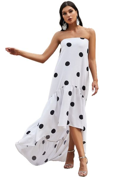 

polka dot print ruffle high low hem chiffon tube dress n5zc#, Black;gray