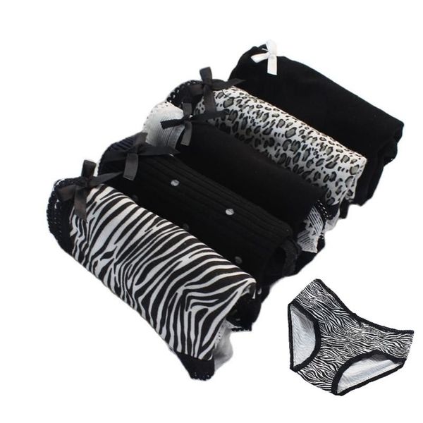 5 Stück Sexy schwarze Zebra-Leoparden-Druck Damen-Unterwäsche Mädchen weiche Schleife Slips niedliche Höschen für Frauen hochwertige Kawaii-Dessous 220426