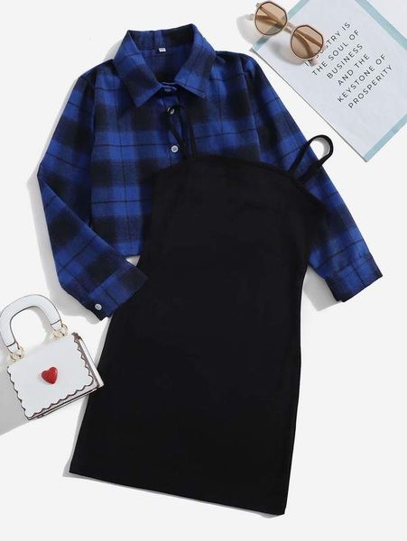 

girls plaid button front jacket with cami dress she, White