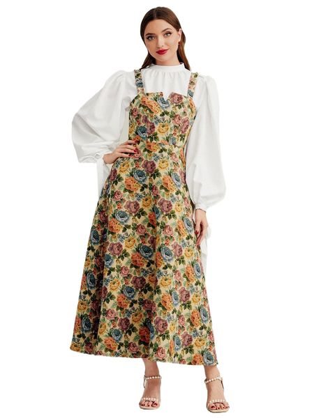 

mock neck & floral jacquard cami dress k22j#, White