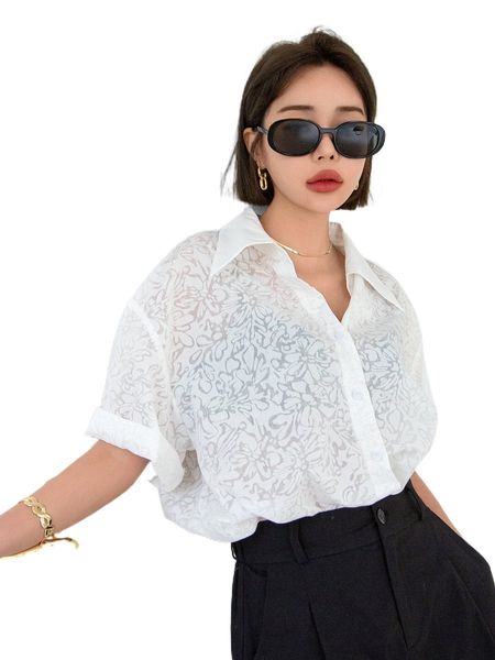 

dazy floral pattern drop shoulder button front blouse t7hk#, White