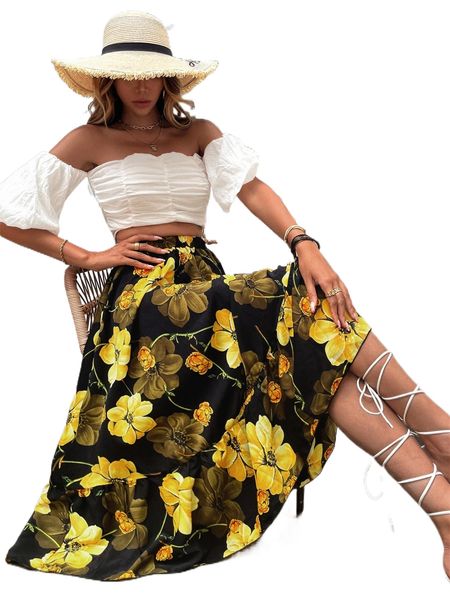 

floral print ruffle hem skirt n9mt#, Black