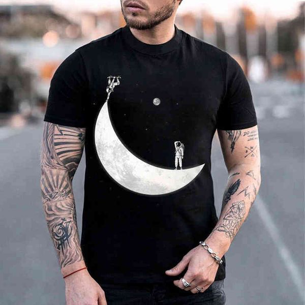

2021 new fashion casual large men's moon print t-shirt, White;black