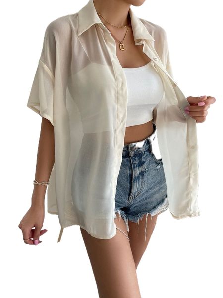 

solid sheer button front drop shoulder shirt without cami j44w#, White