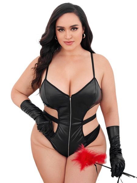 

plus cut-out zipper front teddy bodysuit s8qg#, Black;white