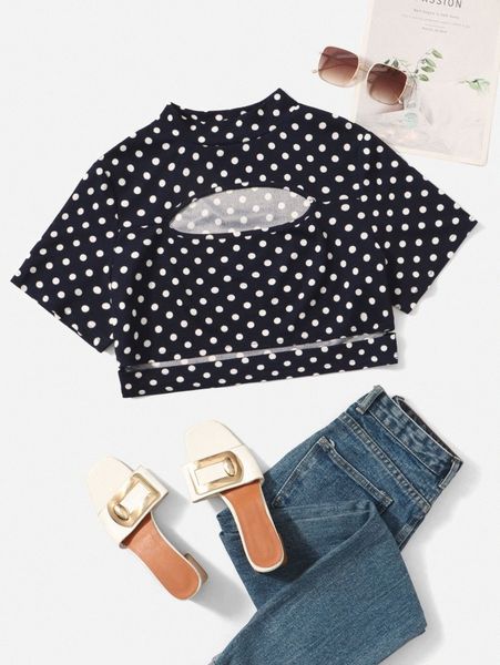 

plus polka dot print cut out tee h6ir#, Black