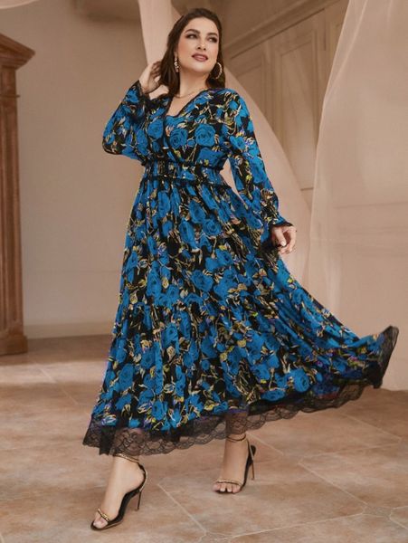 

plus floral print lace trim flounce sleeve shirred ruffle hem dress i2ke#, Black