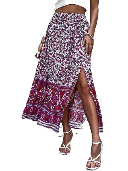 

h.igh w.aist f.loral p.rint s.plit th.igh s.kirt t95t#, Black