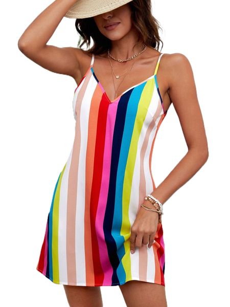 

rainbow striped print cami dress n6u0#, Black;gray