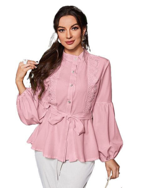 

eyelash lace panel lantern sleeve belted blouse x7s6#, White