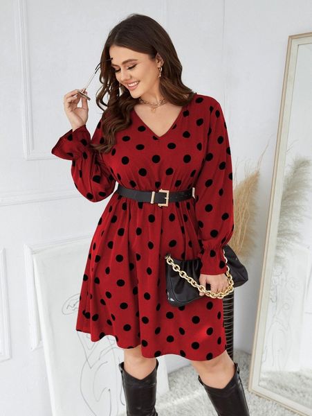 

plus polka dot flounce sleeve dress without belt c1s9#, Black