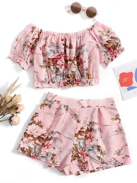 

girls floral print off shoulder & shorts set she01, White