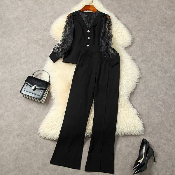 

2022 fall autumn long sleeve round neck black / khaki solid color lace panelled & flare trousers pants two piece suits 2 pieces set 22g11204, White