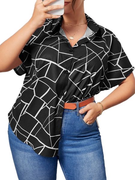 

plus graphic batwing sleeve blouse v49t#, Black