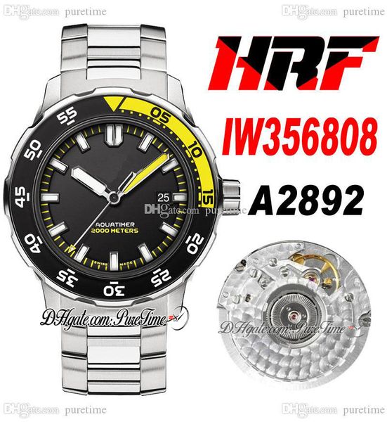 HRF Aquatimer 2000 IW3568 A2892 Montre automatique pour homme Boîtier en acier de 44 mm Cadran noir jaune Marqueurs de bâton blanc Bracelet en acier inoxydable Super Edition Puretime B2