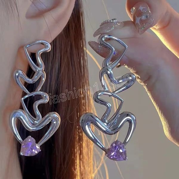 

fashion design korean geometric heart long dangle earrings for women trendy pink crystal brincos jewelry gifts, Silver