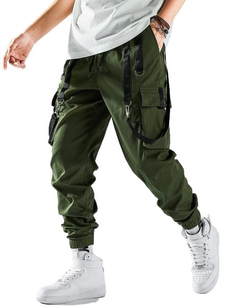 

men contrast tape flap pocket drawstring waist cargo pants w1kb#, Black