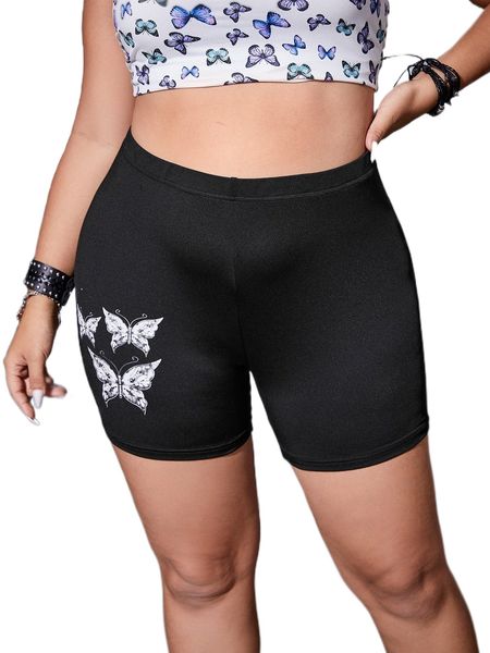 

plus butterfly print biker shorts w916#, Black