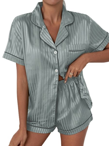 

striped button front satin night set i7ld#, Black;red