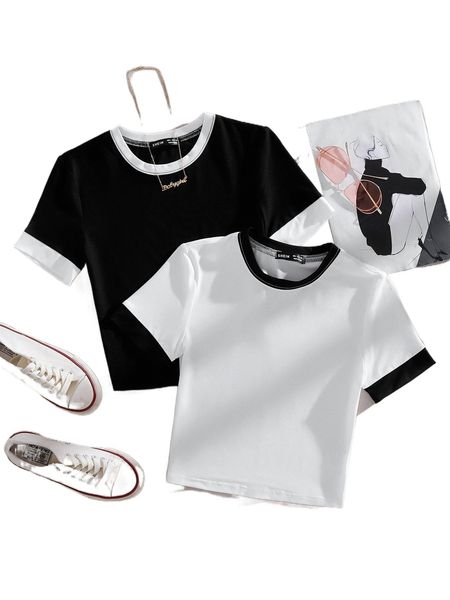 

2pcs solid contrast binding tee y9g8#, White