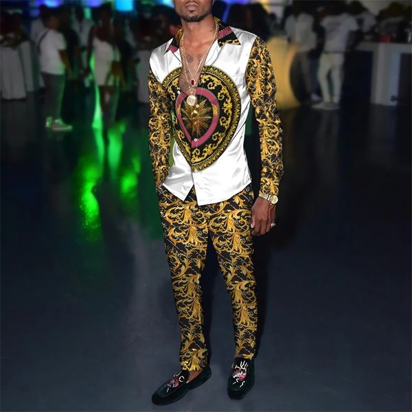 

vintage harajuku print men s clothing spring autumn hawaiian shirt suit gentleman design casual long sleeve cardigan pants 220615, White;black