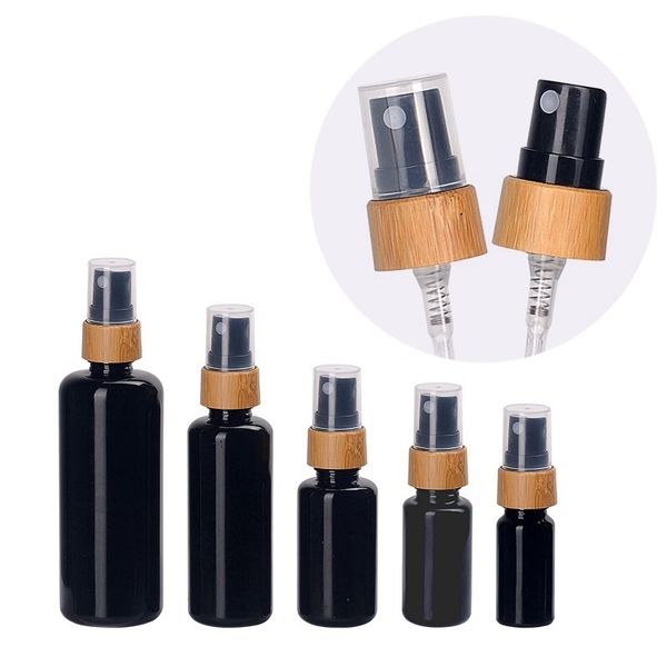 Leere Verpackung, Glasflasche, runde Schulter, Bambus-Holzkragen, schwarze Spary-Lotionpumpe mit Deckel, tragbarer nachfüllbarer Kosmetikbehälter, 10 ml, 15 ml, 30 ml, 50 ml, 100 ml