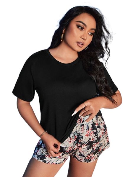 

plus solid tee & floral print shorts pajama set 05dx#, Black;white