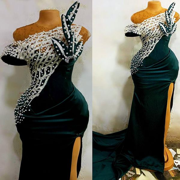 

hunter green mermaid prom dresses 2022 sheer o-neck beaded stain plus size arabic aso ebi slit evening engagement gowns, Black;red