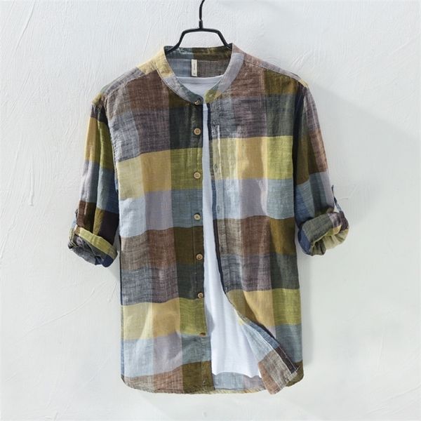 Caldo nuovo arrivo degli uomini di marca di moda colorato vintage plaid slim fit manica lunga in cotone camicia di lino maschile casual camicia sottile vestiti t200319