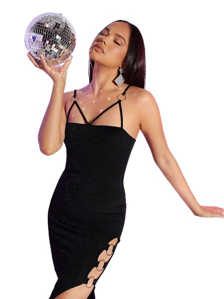 

strappy yoke o-ring split thigh glitter dress y6pp#, Black;gray