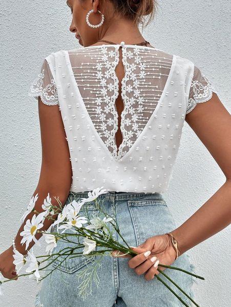 

contrast lace keyhole back blouse a0qe#, White
