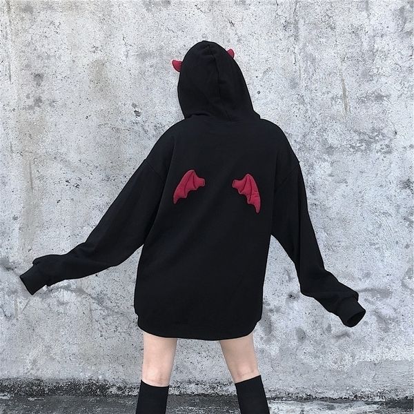 

autumn winter women hooded sweatshirts harajuku punk gothic devil horn chic hooded pullover anime kawaii cute female y200610, Black