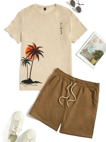 

men japanese letter & tropical print tee & drawstring waist shorts n7kz#, Gray