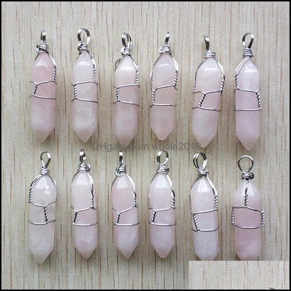 

charms jewelry findings components assorted natural stone pink quartz handmade iron wire pendants point hexagonal pil dhqom, Bronze;silver