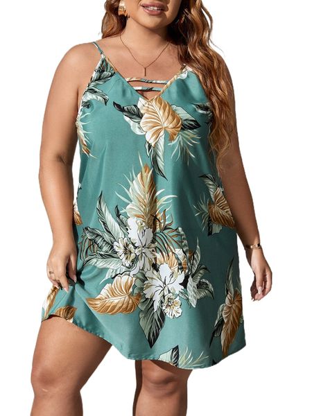 

plus tropical print cut out cami dress a74m#, Black