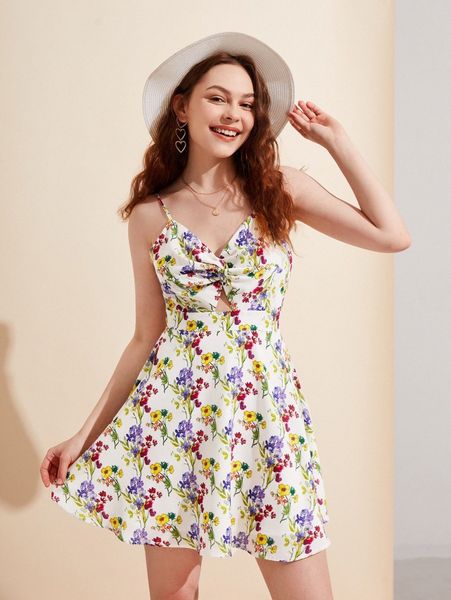 

x pati paints floral print twist front cami dress q0qr#, Black;gray