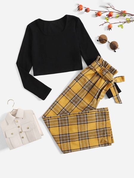 

girls ribbed knit tee & tartan paper bag waist belted pants she, White