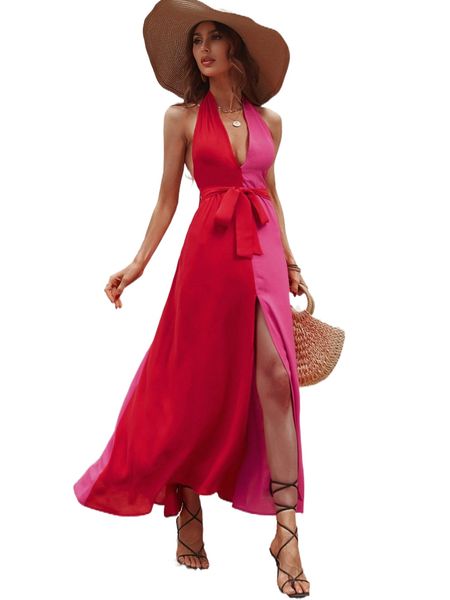 

colorblock halter neck knot backless tie front split thigh dress h8qy#, Black;gray