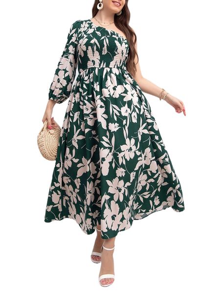 

plus floral print one shoulder shirred lantern sleeve a-line dress g0r0#, Black