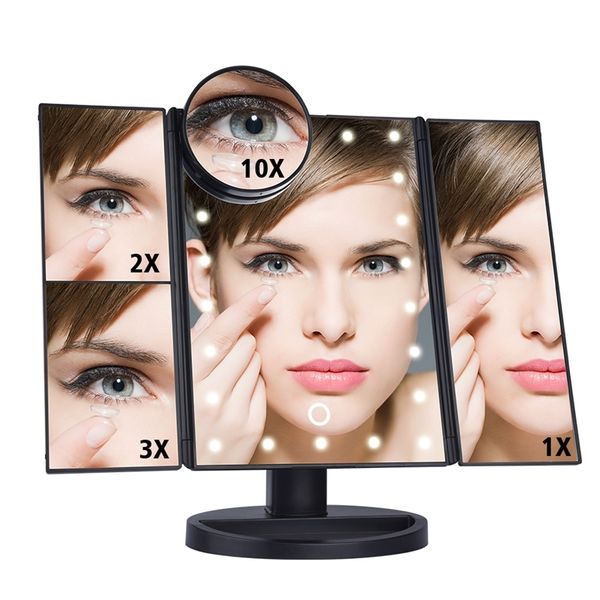 LED-Touchscreen, 22-Licht-Make-up-Spiegel, Tisch-Desktop, 1-fache/2-fache/3-fache/10-fache Vergrößerung, 3-fach klappbar, verstellbar, 220509