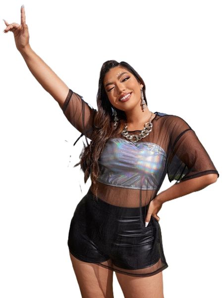 

plus sheer mesh tee & metallic tube 71eb#, Black