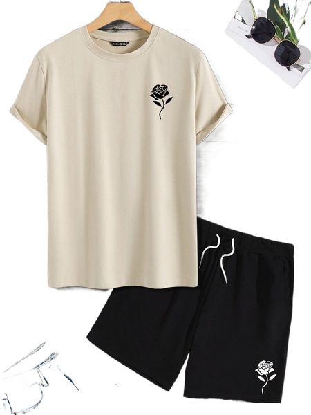 

men rose print tee & drawstring waist shorts 64wy#, Gray