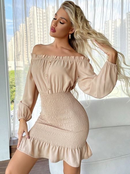 

off shoulder frill trim shirred ruffle hem dress x6ed#, Black;gray