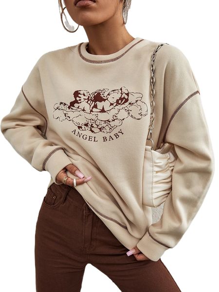 

contrast stitch angel & letter graphic pullover y6wq#, Black