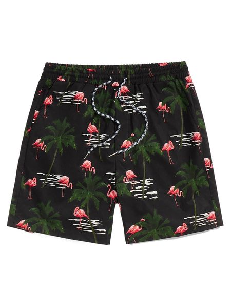 

men tropical & flamingo print drawstring waist shorts a73z#, White;black