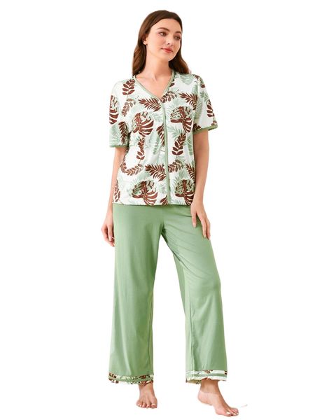 

tropical print & pants pj set e2vv#, Black;red