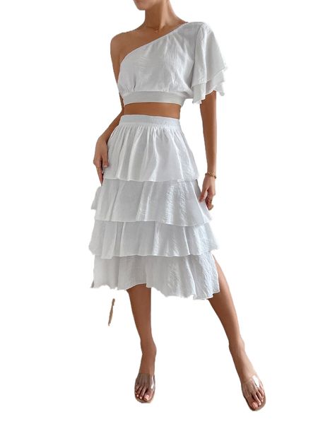 

one shoulder butterfly sleeve & layered hem skirt b9xj#, White